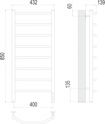 Полотенцесушитель TERMINUS Виктория П8 400х850 Электро (quick touch)