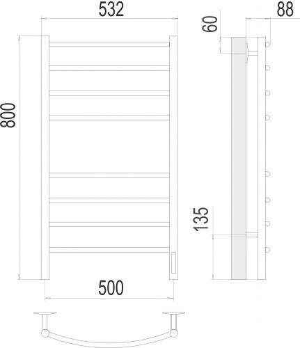 Полотенцесушитель TERMINUS Классик П8 500х800 электро КС 9003 матовый ( new встроен диммер)