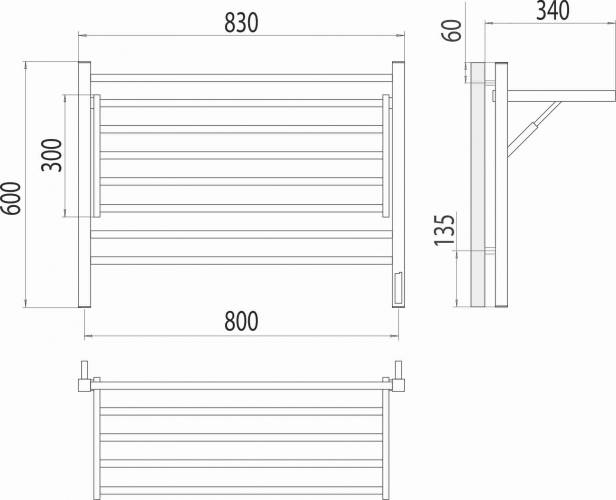 Полотенцесушитель TERMINUS Горизонт П8 800х600 электро КС ЧЕРНЫЙ МУАР (sensor quick touch)