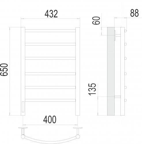Полотенцесушитель TERMINUS Классик П6 400х650 Электро (quick touch) слева