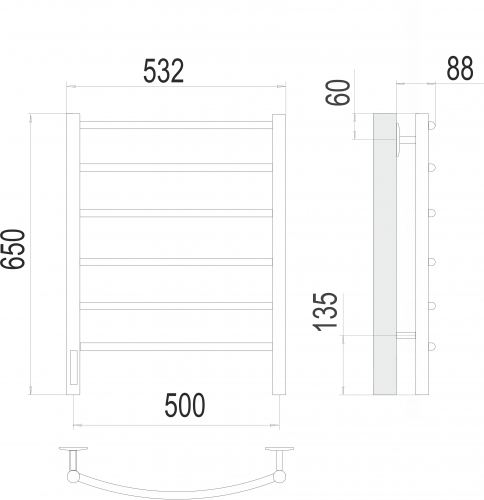 Полотенцесушитель TERMINUS Классик П6 500х650 Электро (quick touch) слева